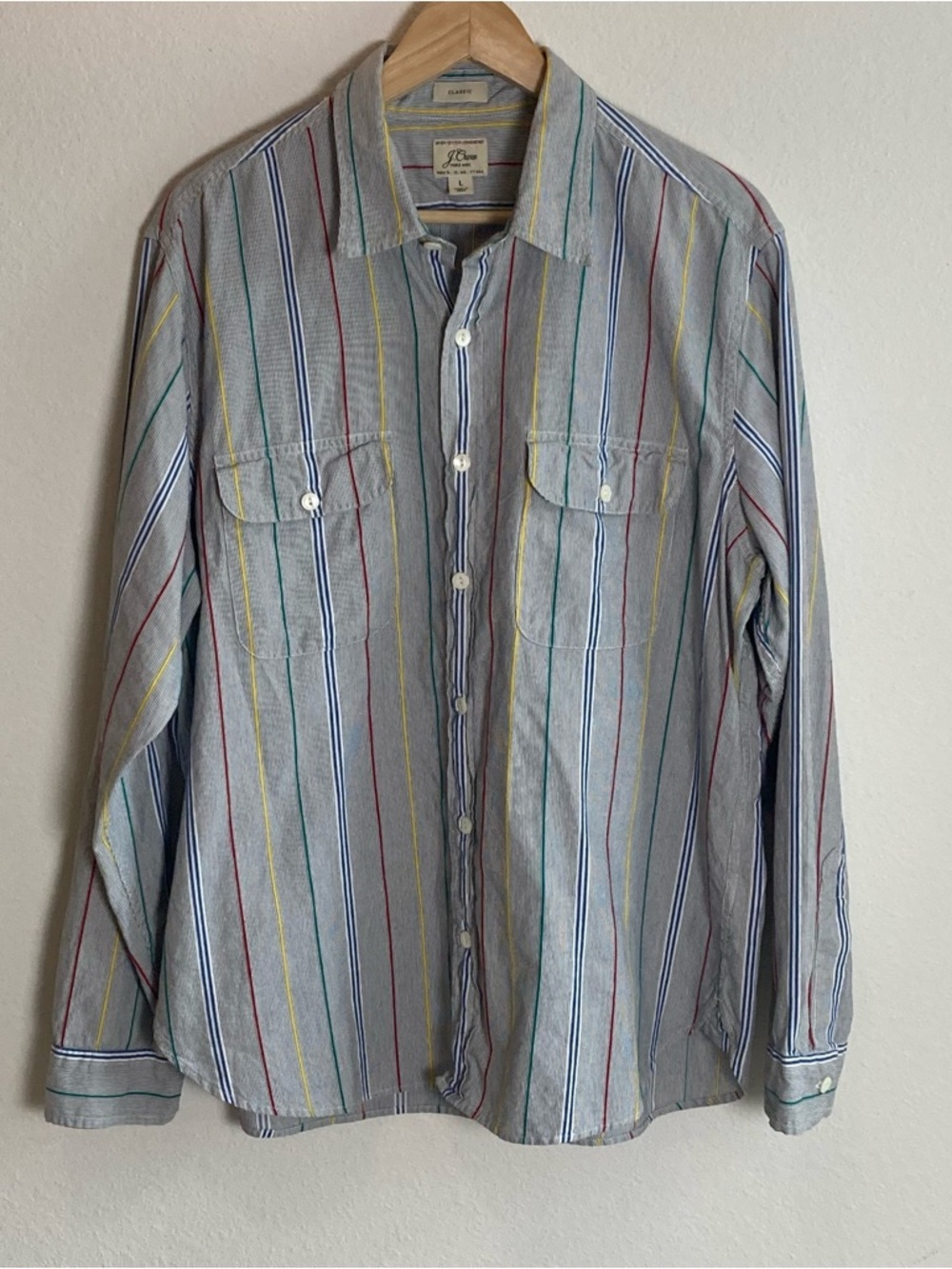 J.CREW Button Up Shirt Mens Large Colorful Stripe Collar Cotton Preppy Casual